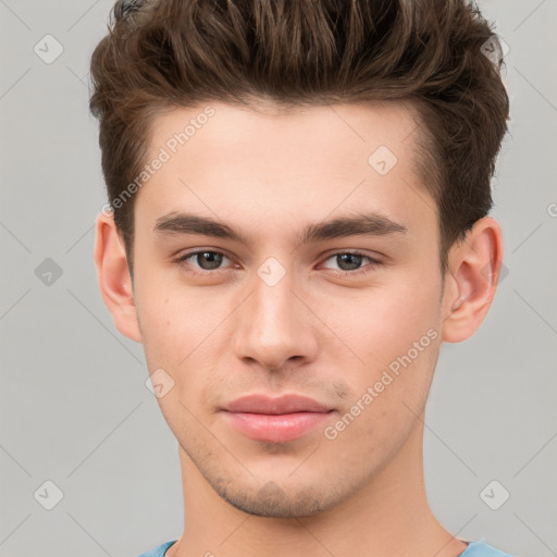 Neutral white young-adult male with short  brown hair and brown eyes