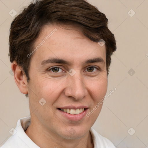 Joyful white adult male with short  brown hair and brown eyes