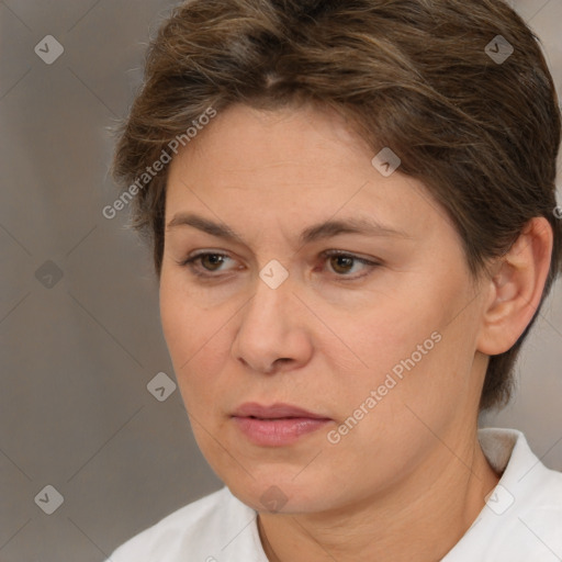 Joyful white adult female with short  brown hair and brown eyes