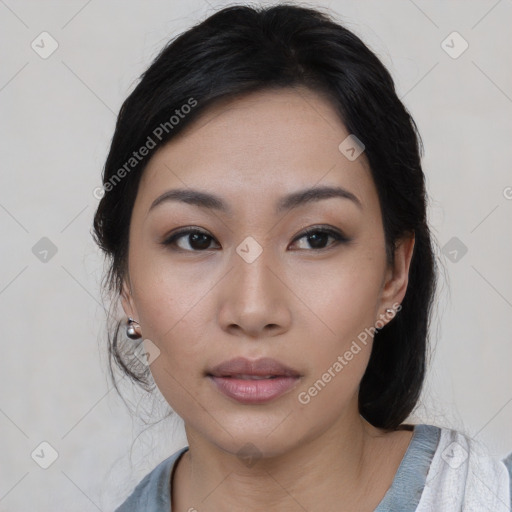 Neutral asian young-adult female with medium  black hair and brown eyes