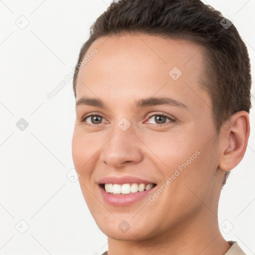 Joyful white young-adult female with short  brown hair and brown eyes