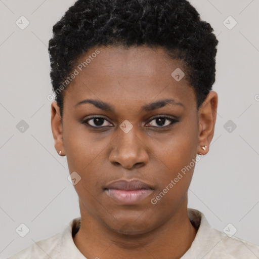 Neutral black young-adult female with short  black hair and brown eyes