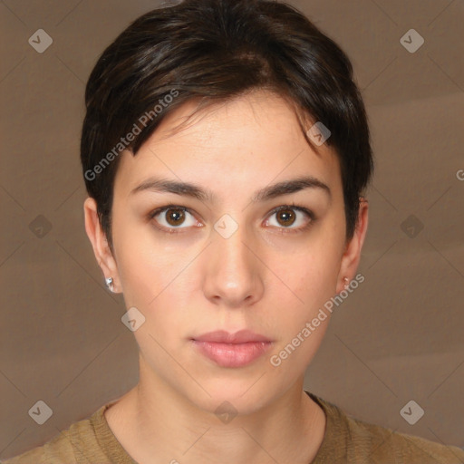 Neutral white young-adult female with short  brown hair and brown eyes