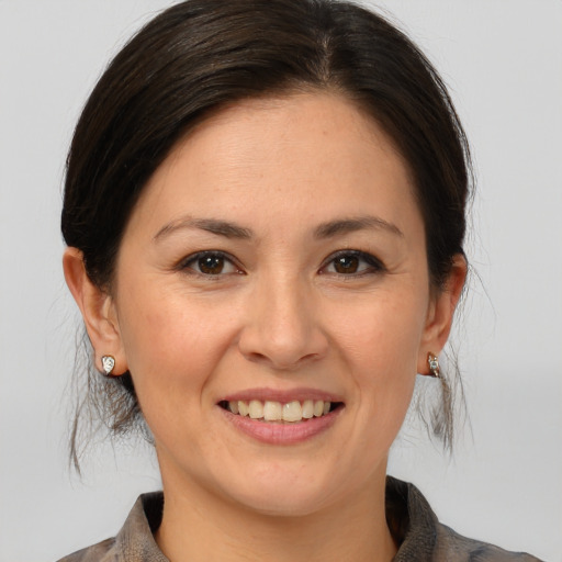 Joyful white adult female with medium  brown hair and brown eyes