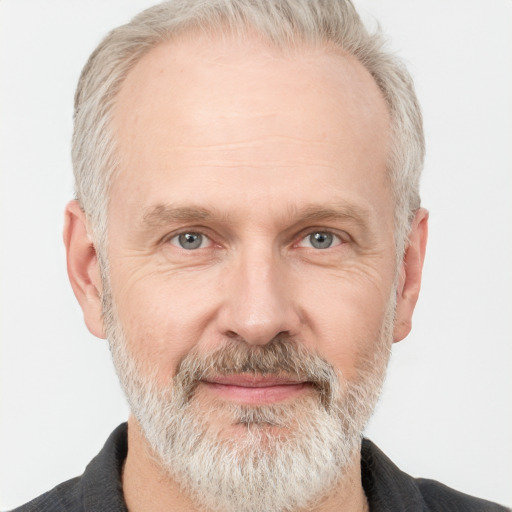 Neutral white middle-aged male with short  gray hair and grey eyes