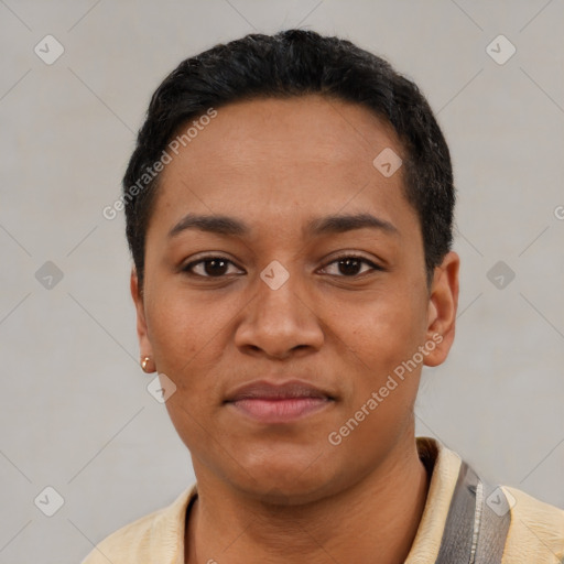 Joyful latino young-adult female with short  black hair and brown eyes