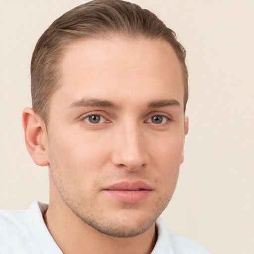 Neutral white young-adult male with short  brown hair and grey eyes