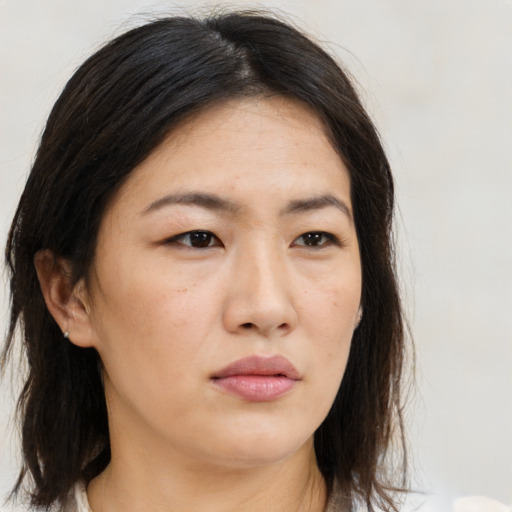 Neutral asian young-adult female with medium  brown hair and brown eyes