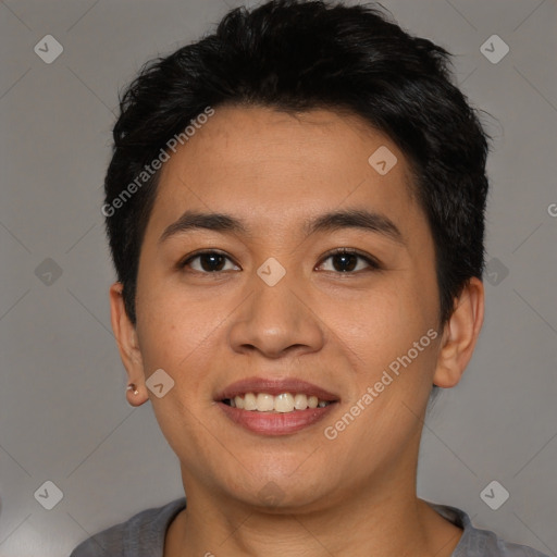 Joyful asian young-adult male with short  black hair and brown eyes