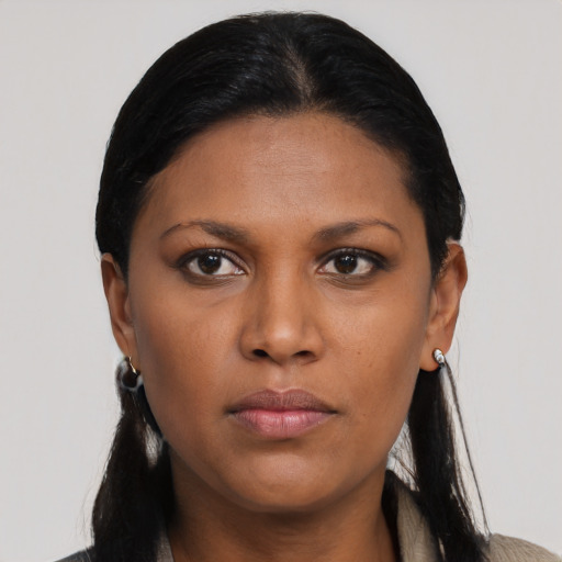 Neutral asian young-adult female with long  black hair and brown eyes