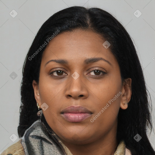 Joyful latino young-adult female with long  black hair and brown eyes