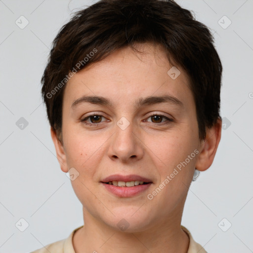 Joyful white young-adult female with short  brown hair and brown eyes