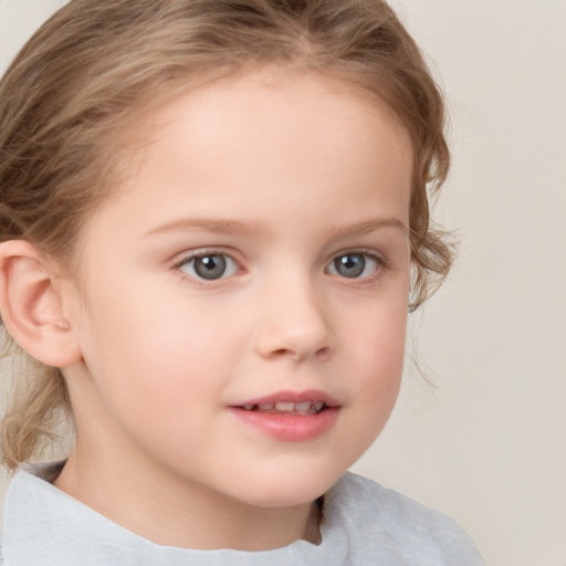 Neutral white child female with medium  brown hair and blue eyes