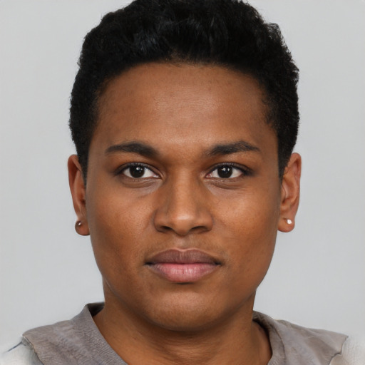 Neutral black young-adult male with short  black hair and brown eyes