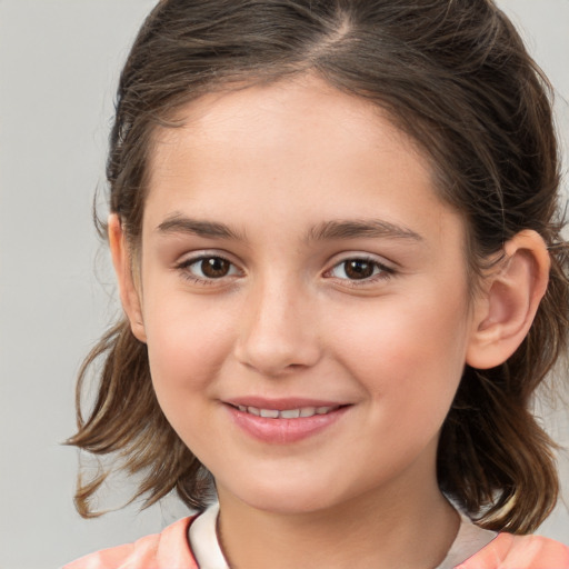 Joyful white child female with medium  brown hair and brown eyes