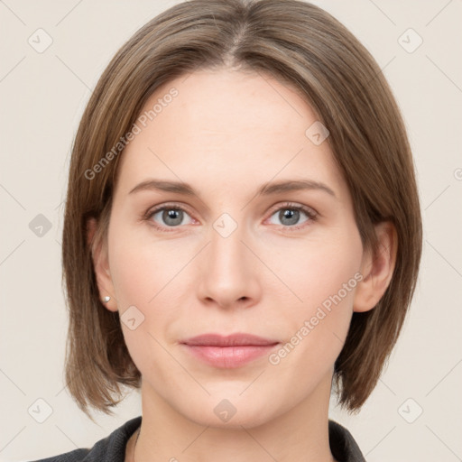 Neutral white young-adult female with medium  brown hair and grey eyes