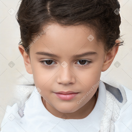 Joyful white child female with short  brown hair and brown eyes