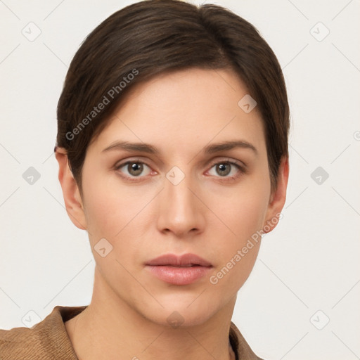 Neutral white young-adult female with short  brown hair and brown eyes