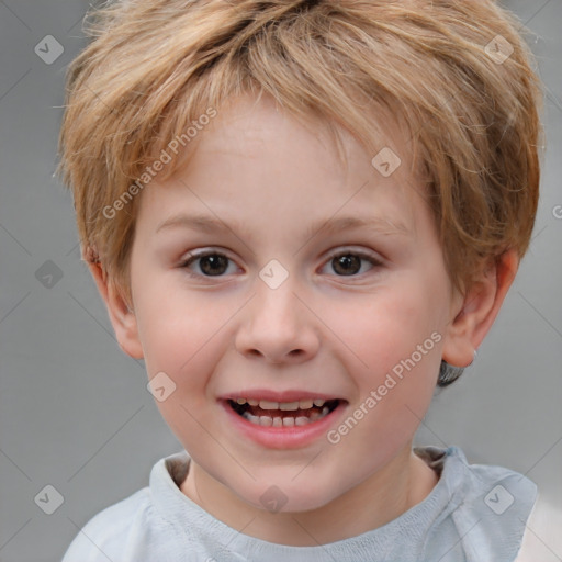 Joyful white child female with short  brown hair and brown eyes