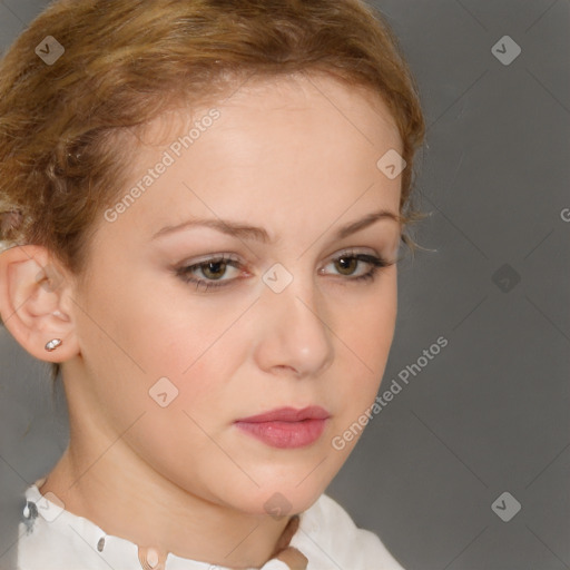 Neutral white young-adult female with short  brown hair and brown eyes