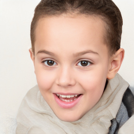 Joyful white child female with short  brown hair and brown eyes