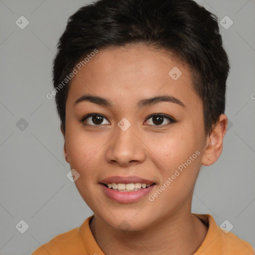 Joyful asian young-adult female with short  brown hair and brown eyes