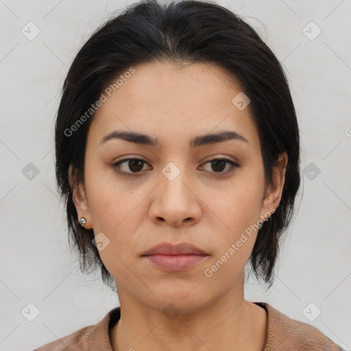 Neutral asian young-adult female with medium  brown hair and brown eyes