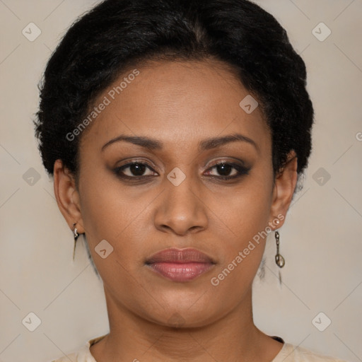 Joyful latino young-adult female with short  black hair and brown eyes