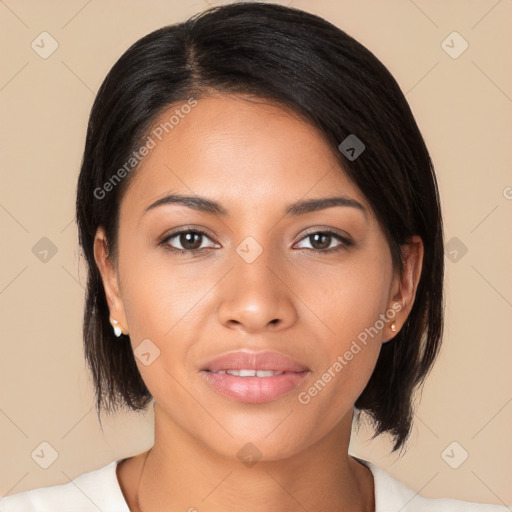 Joyful latino young-adult female with medium  black hair and brown eyes