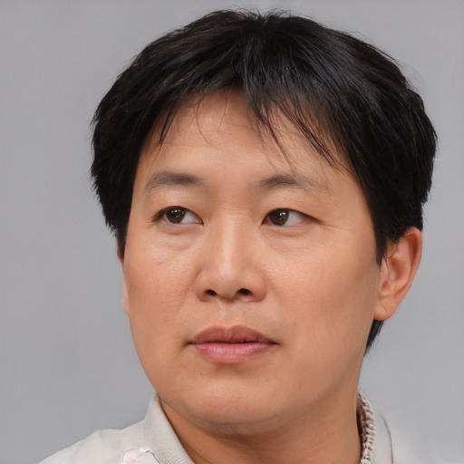 Neutral asian adult female with short  brown hair and brown eyes