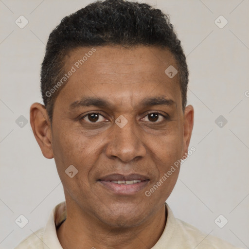 Joyful black adult male with short  brown hair and brown eyes