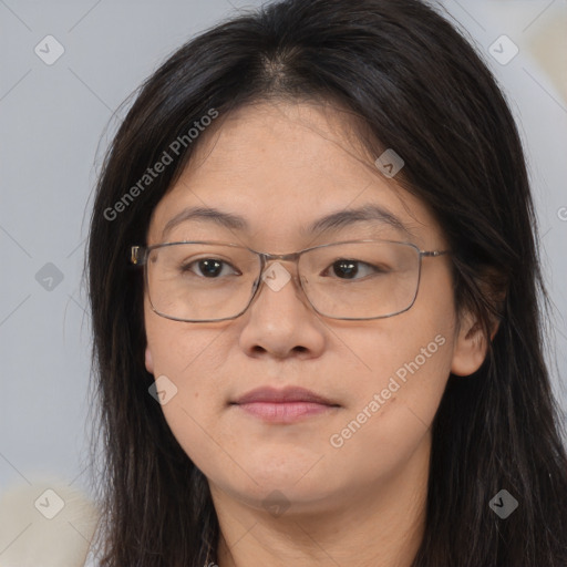 Joyful white adult female with long  brown hair and brown eyes