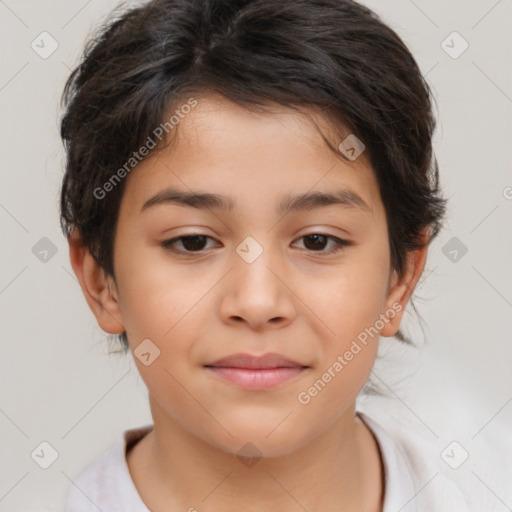 Joyful white child female with medium  brown hair and brown eyes