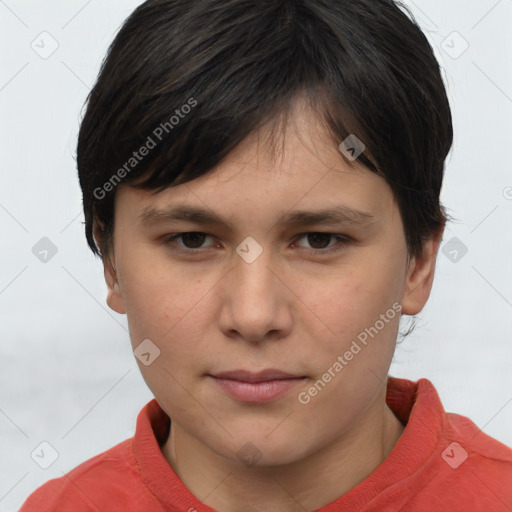 Neutral white young-adult female with short  brown hair and brown eyes