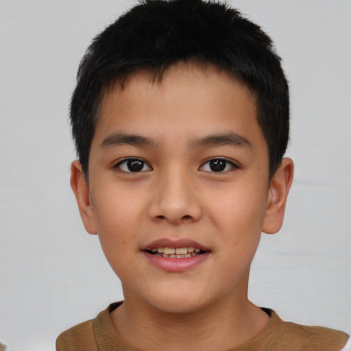 Joyful asian child male with short  brown hair and brown eyes