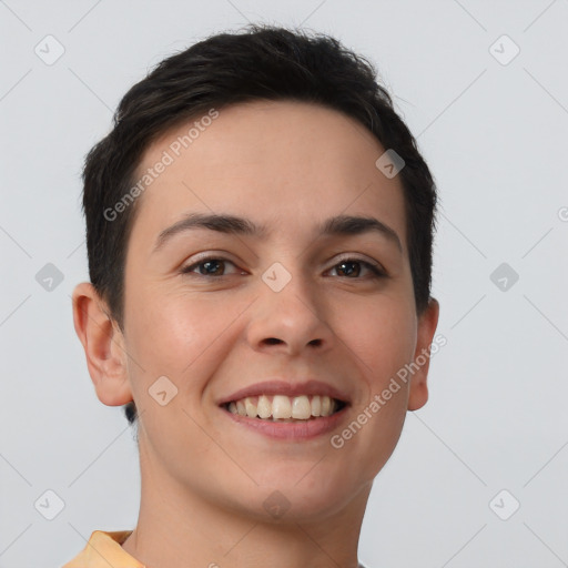 Joyful white young-adult female with short  brown hair and brown eyes