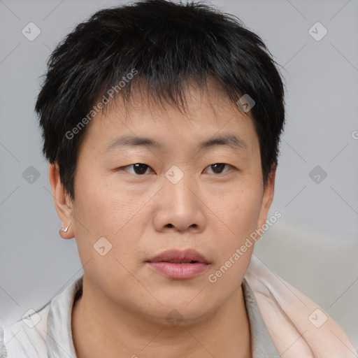 Neutral asian young-adult male with short  brown hair and brown eyes