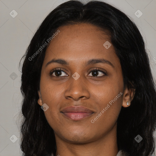 Joyful asian young-adult female with long  black hair and brown eyes