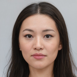 Neutral asian young-adult female with long  brown hair and brown eyes