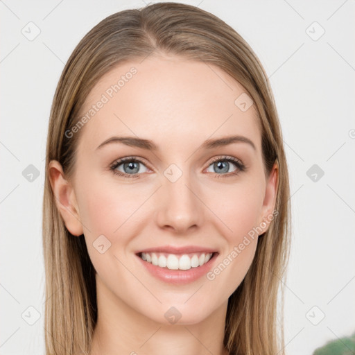 Joyful white young-adult female with long  brown hair and grey eyes