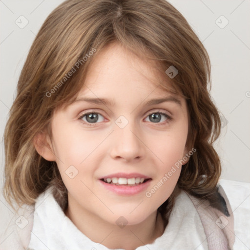 Joyful white child female with medium  brown hair and grey eyes