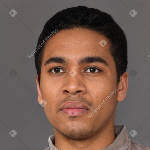 Neutral latino young-adult male with short  black hair and brown eyes