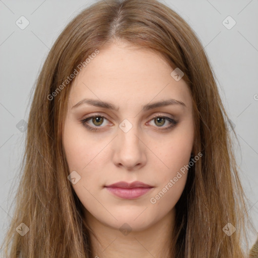 Neutral white young-adult female with long  brown hair and brown eyes