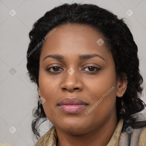 Joyful black young-adult female with long  black hair and brown eyes