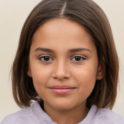 Joyful white child female with medium  brown hair and brown eyes