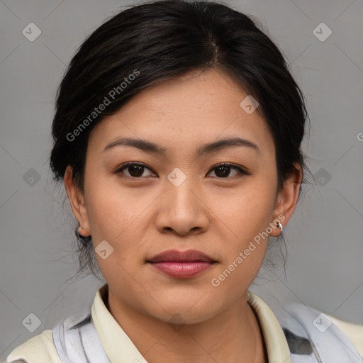 Joyful asian young-adult female with medium  brown hair and brown eyes