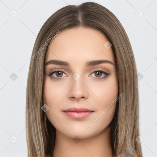 Neutral white young-adult female with long  brown hair and brown eyes