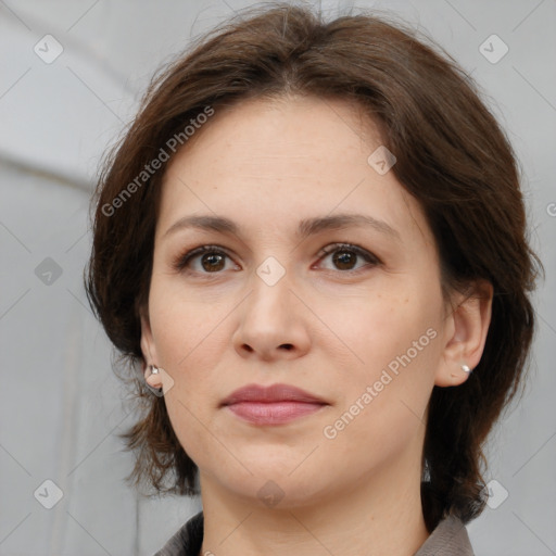 Neutral white young-adult female with medium  brown hair and brown eyes