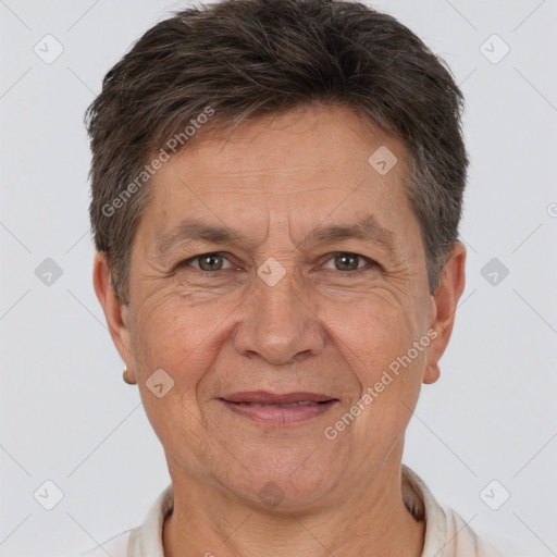 Joyful white middle-aged male with short  brown hair and brown eyes