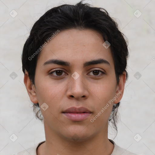 Neutral asian young-adult female with short  brown hair and brown eyes